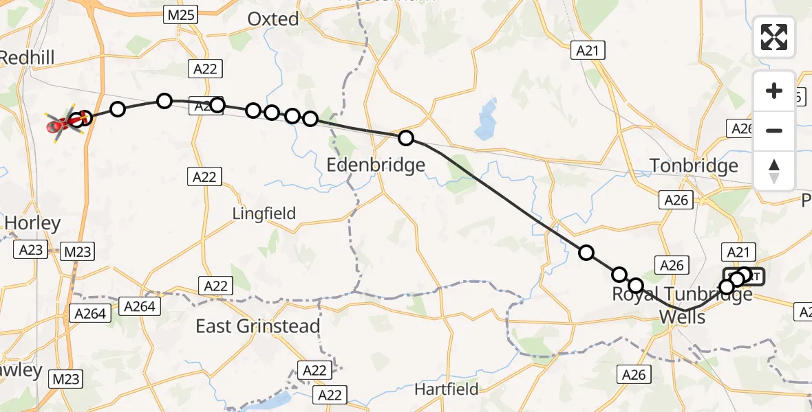 Flight route Air Ambulance Helicopter Tunbridge Wells Hospital Heliport - Redhill Aerodrome, 26 July 2026, 13:36
