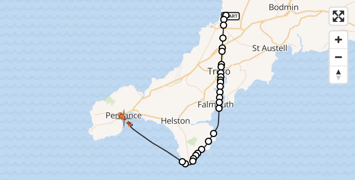 Flight route Coastguard Helicopter Cornwall Airport Newquay - English Channel, 26 July 2026, 13:36