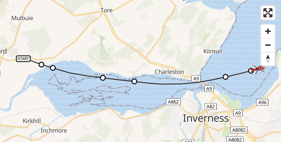 Flight route Air Ambulance Helicopter Muir of Ord - Inverness, 26 July 2026, 13:44