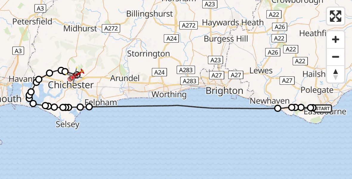 Flight route Air Ambulance Helicopter Eastbourne - Goodwood Aerodrome, 26 July 2026, 13:45
