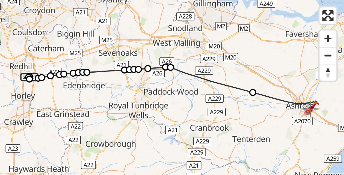 Flight route Air Ambulance Helicopter Redhill Aerodrome - Ashford, 26 July 2026, 13:54