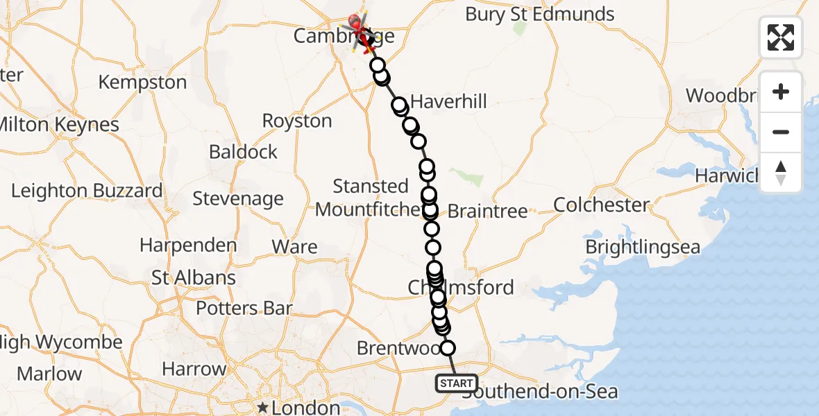 Flight route Air Ambulance Helicopter Basildon - Cambridge City Airport, 26 July 2026, 13:55