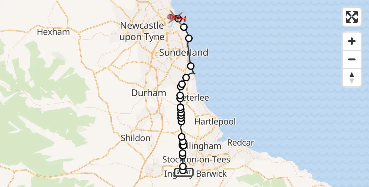 Flight route Air Ambulance Helicopter Egglescliffe - Tynemouth, 26 July 2026, 13:56