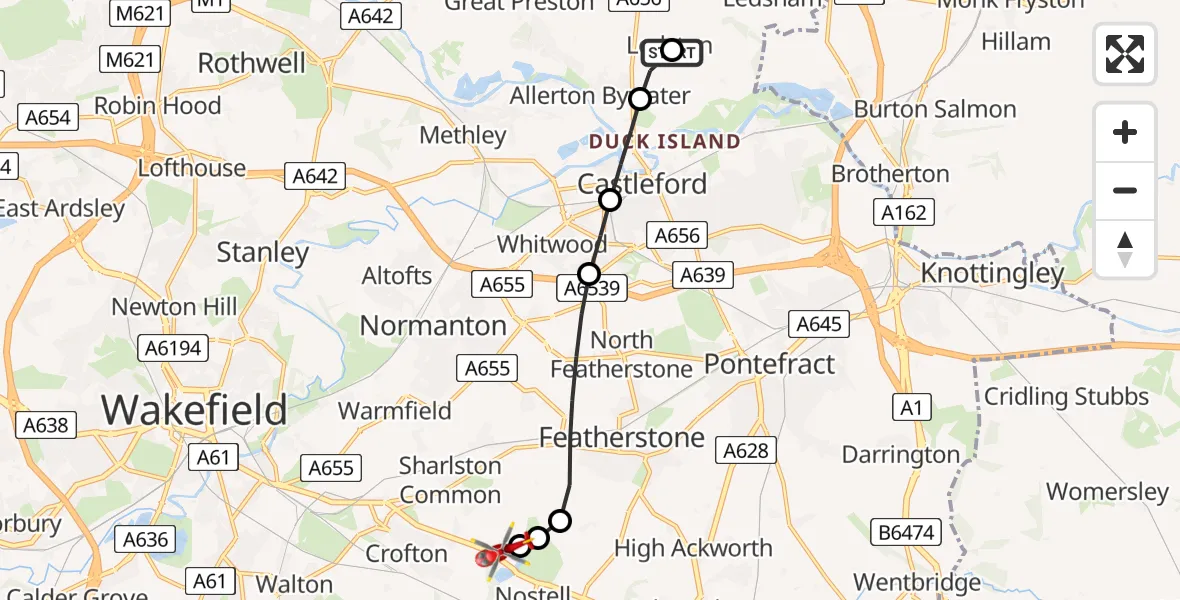 Flight route Air Ambulance Helicopter Ledston - YAA Nostell Helicopter Port, 26 July 2026, 14:00