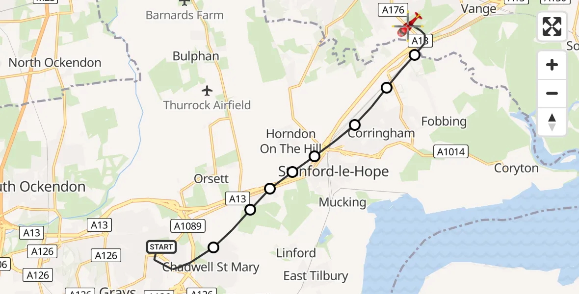 Flight route Air Ambulance Helicopter Grays - Basildon, 26 July 2026, 14:01
