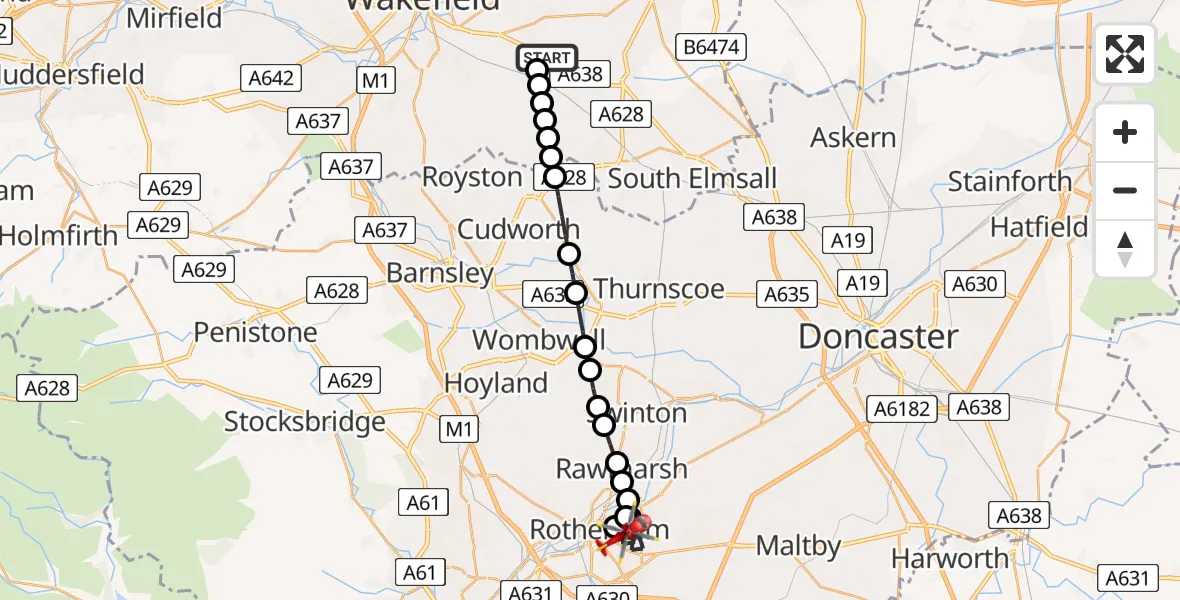 Flight route Air Ambulance Helicopter YAA Nostell Helicopter Port - Rotherham, 26 July 2026, 14:19