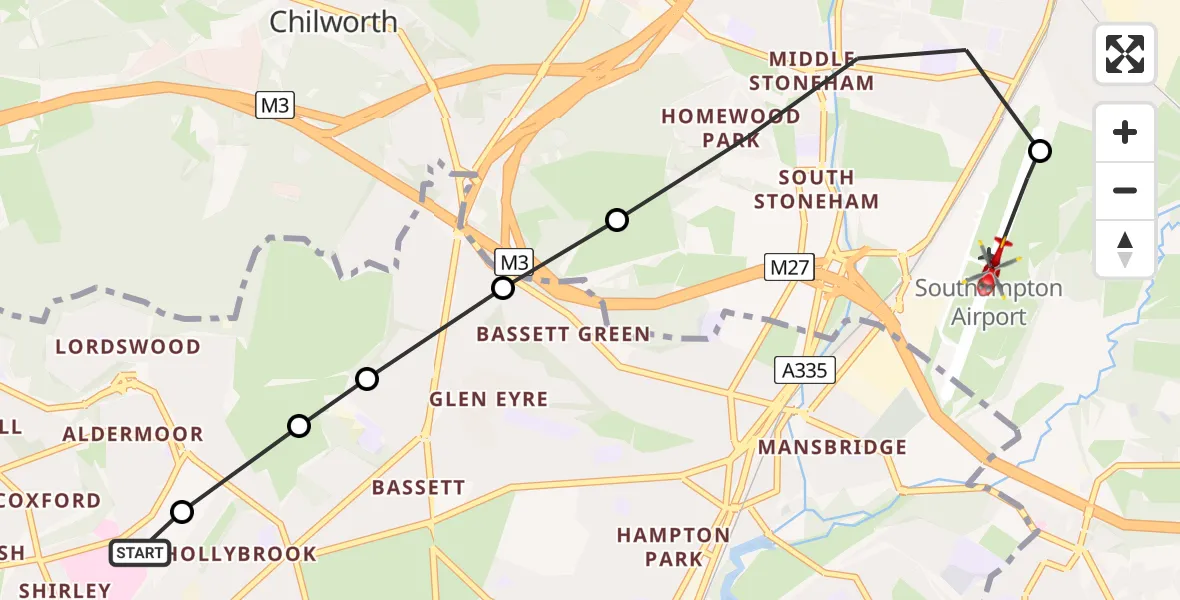 Flight route Air Ambulance Helicopter University Hospital Southampton - Southampton Airport, 26 July 2026, 14:19