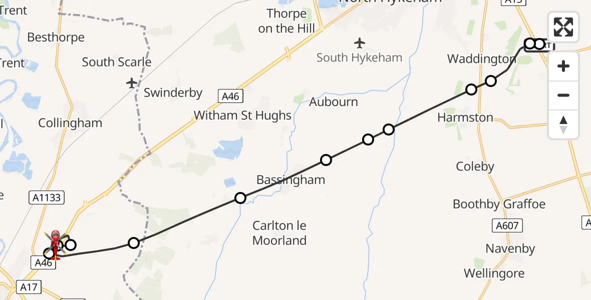 Flight route Air Ambulance Helicopter RAF Waddington - Newark and Sherwood, 26 July 2026, 14:20
