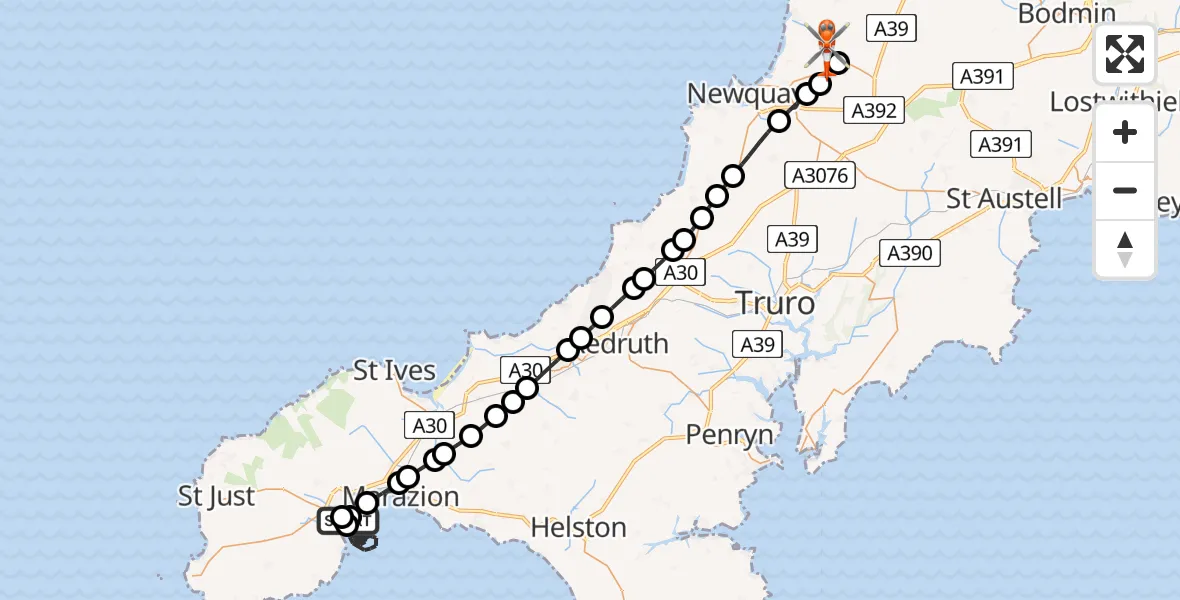 Flight route Coastguard Helicopter Penzance - Cornwall Airport Newquay, 26 July 2026, 14:22