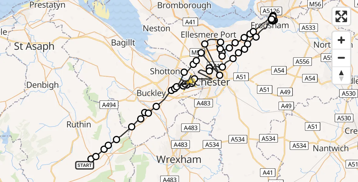 Flight route Police Helicopter Llanelidan - Broughton and Bretton, 26 July 2026, 14:33