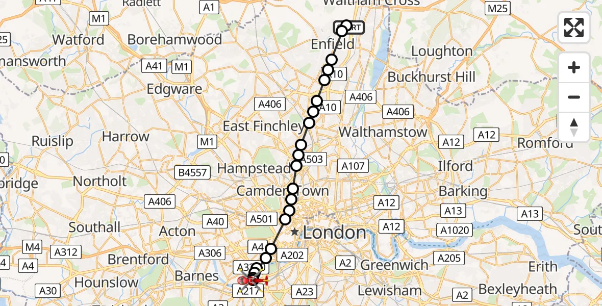 Flight route Air Ambulance Helicopter Enfield - London Heliport, 26 July 2026, 14:36