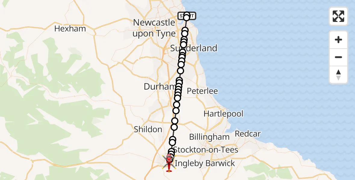 Flight route Air Ambulance Helicopter Tynemouth - Darlington, 26 July 2026, 14:37