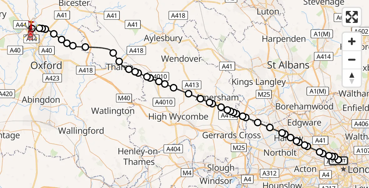 Flight route Air Ambulance Helicopter Fitzrovia - London Oxford Airport, 26 July 2026, 14:39