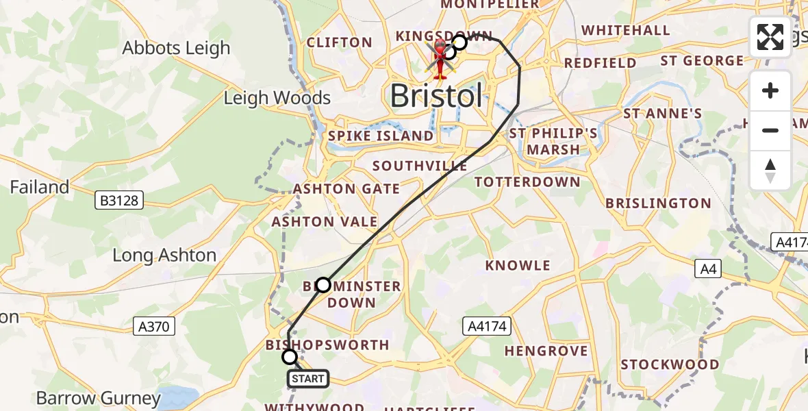 Flight route Air Ambulance Helicopter Bristol - Bristol Royal Infirmary, 26 July 2026, 14:46