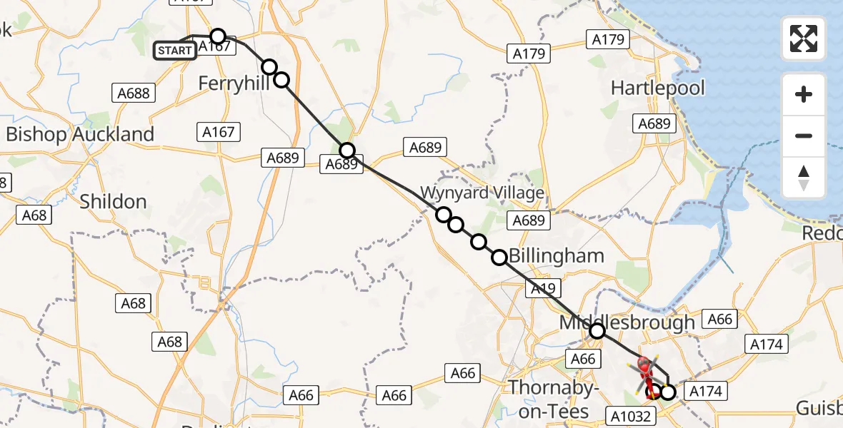 Flight route Air Ambulance Helicopter Spennymoor - James Cook University Hospital, 26 July 2026, 14:46