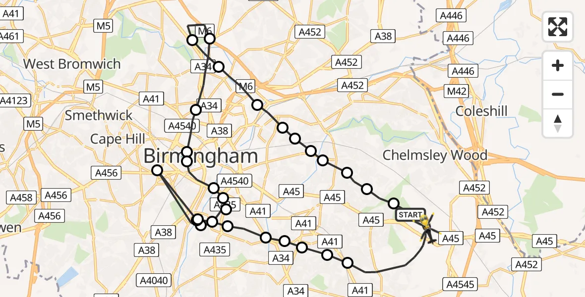 Flight route Police Helicopter Birmingham Airport - Birmingham Airport, 26 July 2026, 14:49