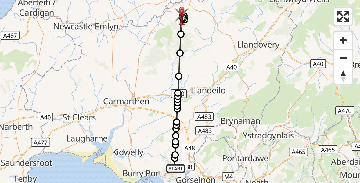 Flight route Air Ambulance Helicopter Dafen - Llanybydder, 26 July 2026, 14:51