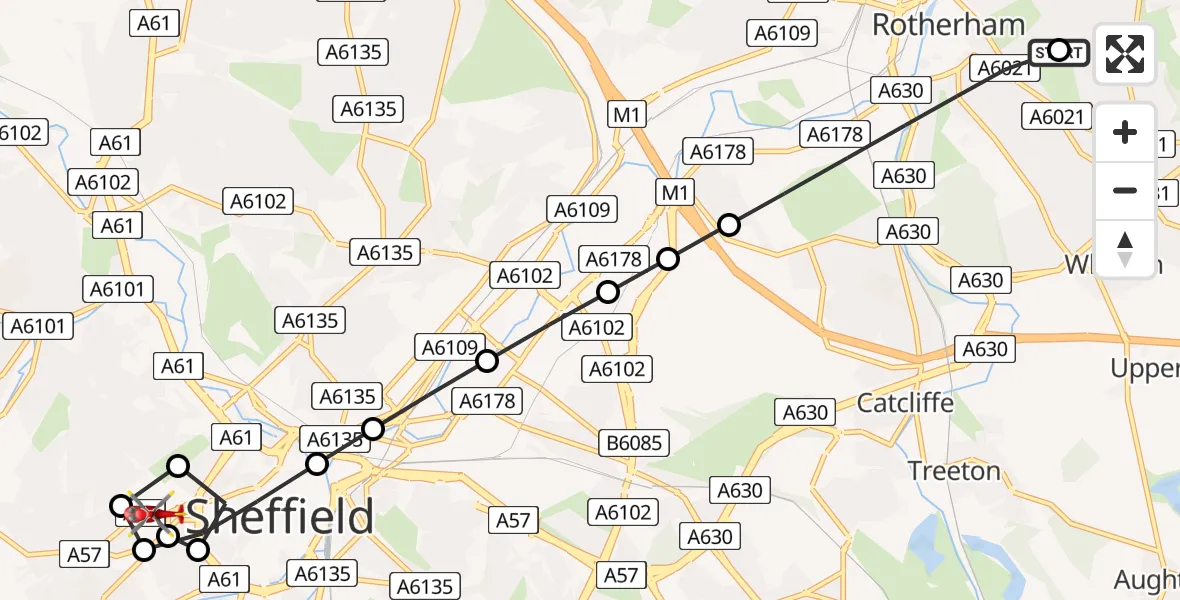 Flight route Air Ambulance Helicopter Rotherham - Sheffield Childrens Hospital, 26 July 2026, 15:05