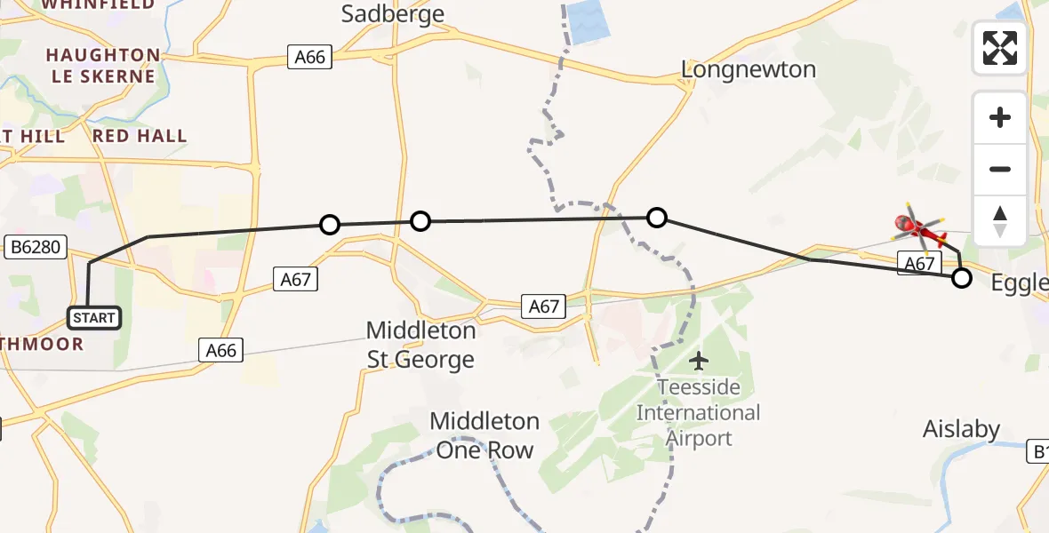 Flight route Air Ambulance Helicopter Darlington - Egglescliffe, 26 July 2026, 15:07