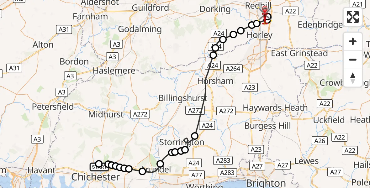 Flight route Air Ambulance Helicopter Goodwood Aerodrome - Redhill Aerodrome, 26 July 2026, 15:09