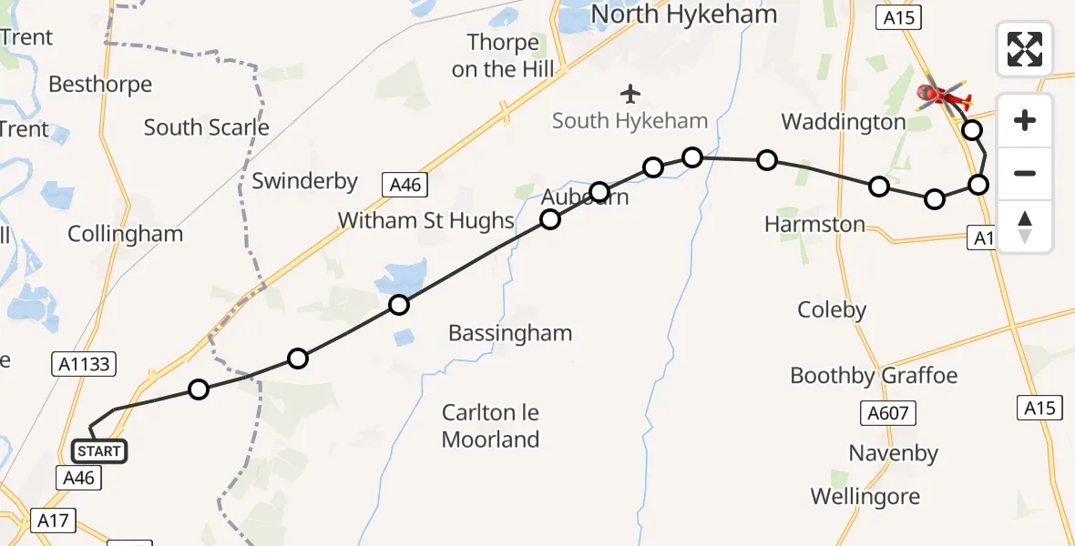 Flight route Air Ambulance Helicopter Newark and Sherwood - North Kesteven, 26 July 2026, 15:10