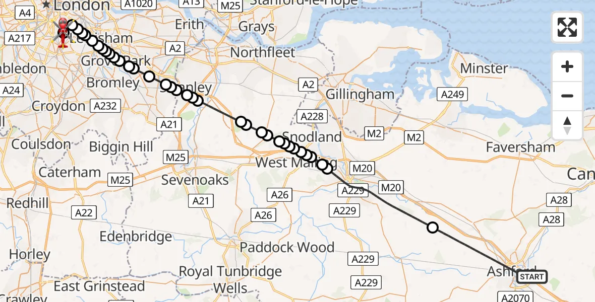 Flight route Air Ambulance Helicopter Ashford - Kings College London Hospital, 26 July 2026, 15:17