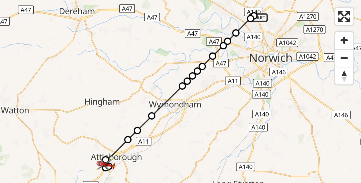 Flight route Air Ambulance Helicopter Norwich Airport - Breckland, 26 July 2026, 15:25