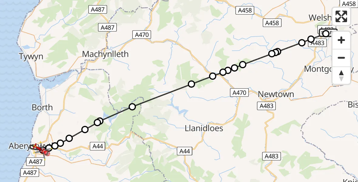 Flight route Air Ambulance Helicopter Welshpool Airport - Aberystwyth, 26 July 2026, 15:34