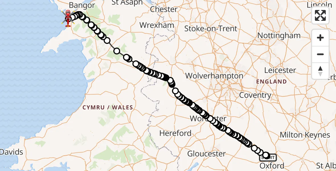 Flight route Air Ambulance Helicopter London Oxford Airport - Caernarfon Airport, 26 July 2026, 15:35