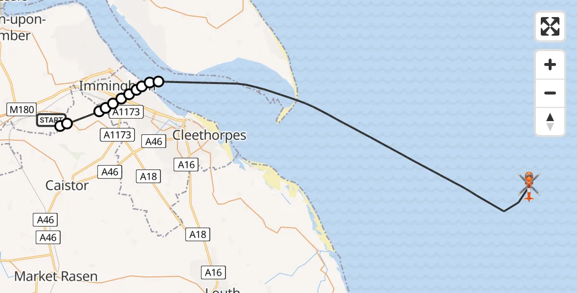 Flight route Coastguard Helicopter Humberside Airport - North Sea, 26 July 2026, 15:38