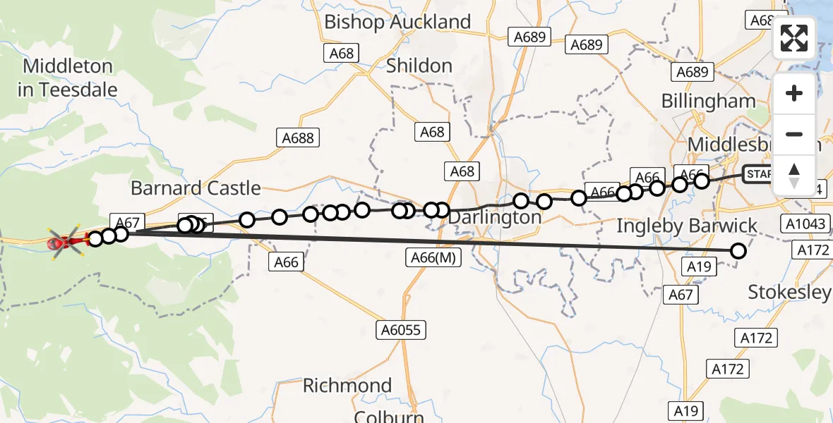 Flight route Air Ambulance Helicopter Middlesbrough - Bowes, 26 July 2026, 15:38