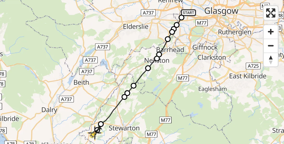 Flight route Police Helicopter Queen Elizabeth Hospital - Stewarton, 26 July 2026, 15:42