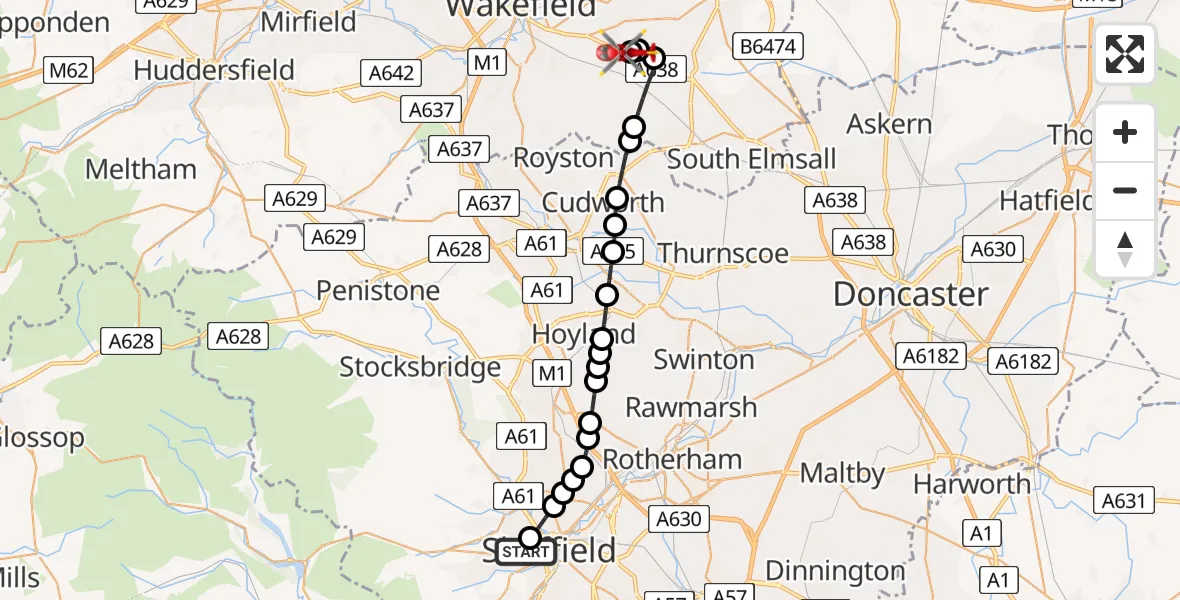 Flight route Air Ambulance Helicopter Sheffield Childrens Hospital - YAA Nostell Helicopter Port, 26 July 2026, 15:43