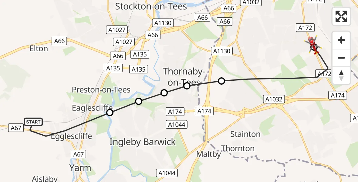 Flight route Air Ambulance Helicopter Egglescliffe - James Cook University Hospital, 26 July 2026, 15:44