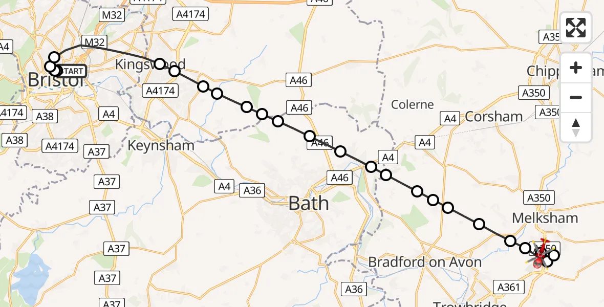 Flight route Air Ambulance Helicopter Bristol - Wiltshire Air Ambulance, 26 July 2026, 15:47