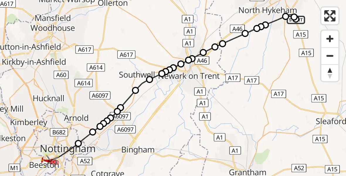 Flight route Air Ambulance Helicopter RAF Waddington - City of Nottingham, 26 July 2026, 15:53