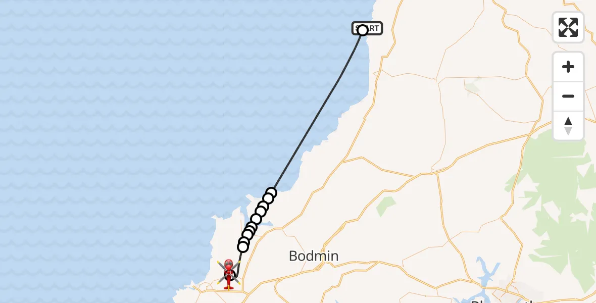 Flight route Air Ambulance Helicopter Morwenstow - Cornwall Airport Newquay, 26 July 2026, 15:58