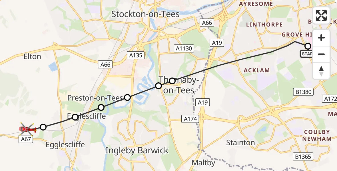 Flight route Air Ambulance Helicopter James Cook University Hospital - Egglescliffe, 26 July 2026, 15:59