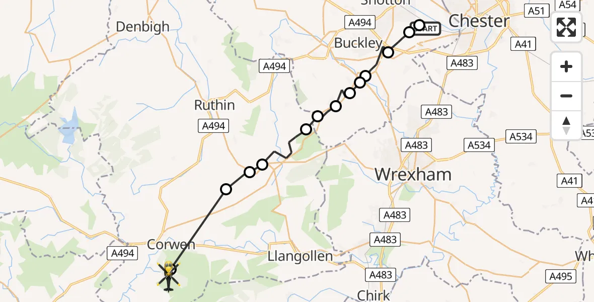 Flight route Police Helicopter Hawarden Airport - Cynwyd, 26 July 2026, 16:00