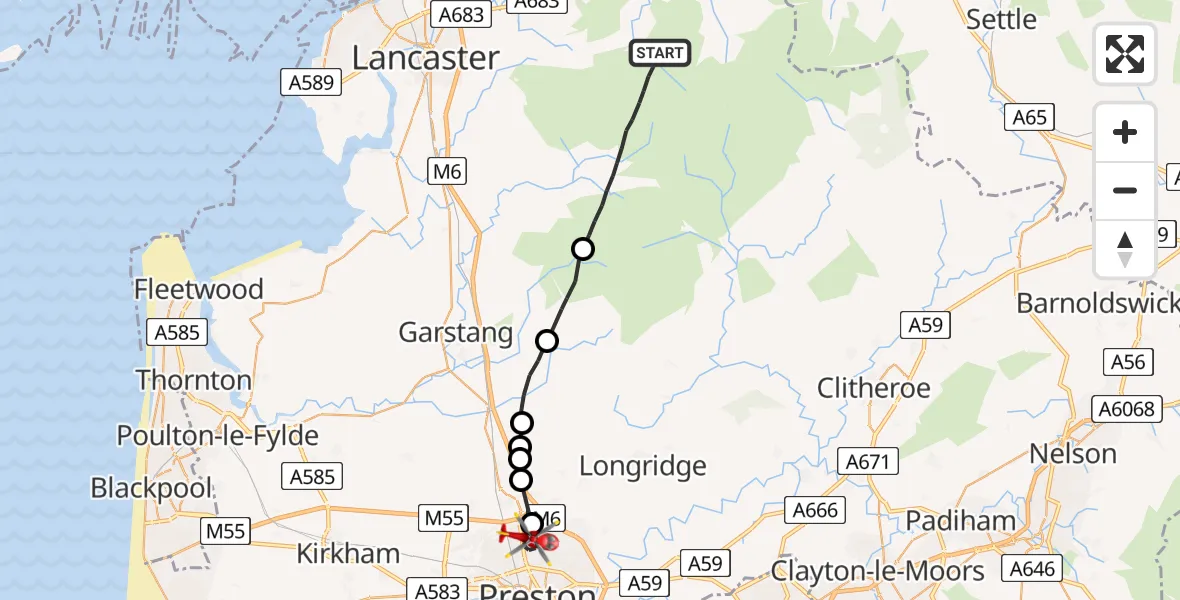 Flight route Air Ambulance Helicopter Lancaster - Preston, 26 July 2026, 16:06