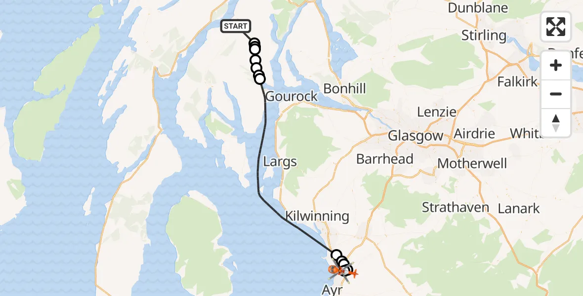 Flight route Coastguard Helicopter Balliemore - Glasgow Prestwick Airport, 26 July 2026, 16:07