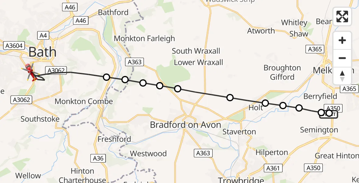 Flight route Air Ambulance Helicopter Wiltshire Air Ambulance - Bath, 26 July 2026, 16:09
