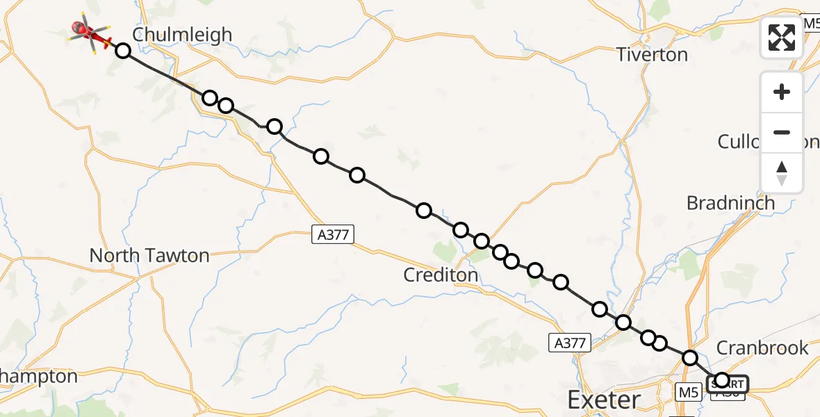 Flight route Air Ambulance Helicopter Exeter International Airport - Ashreigney, 26 July 2026, 16:15