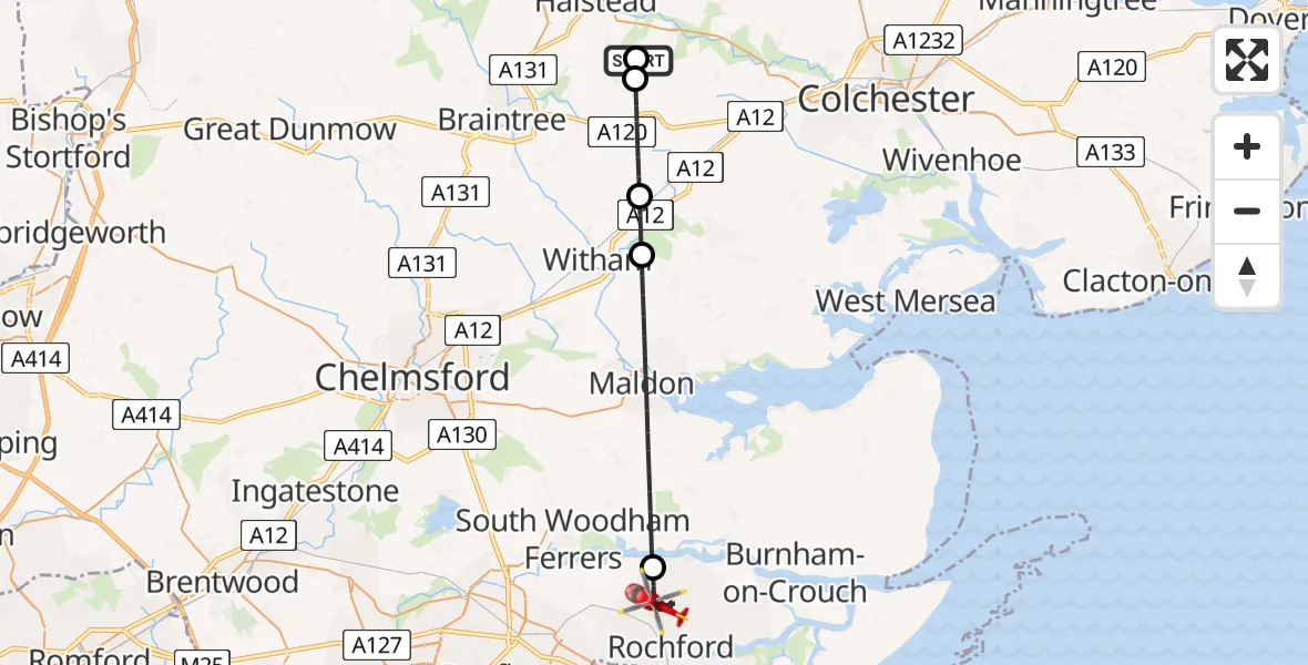 Flight route Air Ambulance Helicopter Earls Colne Airfield - Rochford, 26 July 2026, 16:15