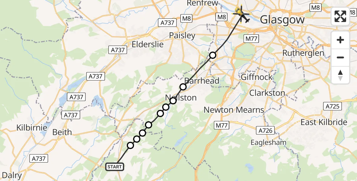 Flight route Police Helicopter Dunlop - Glasgow, 26 July 2026, 16:25