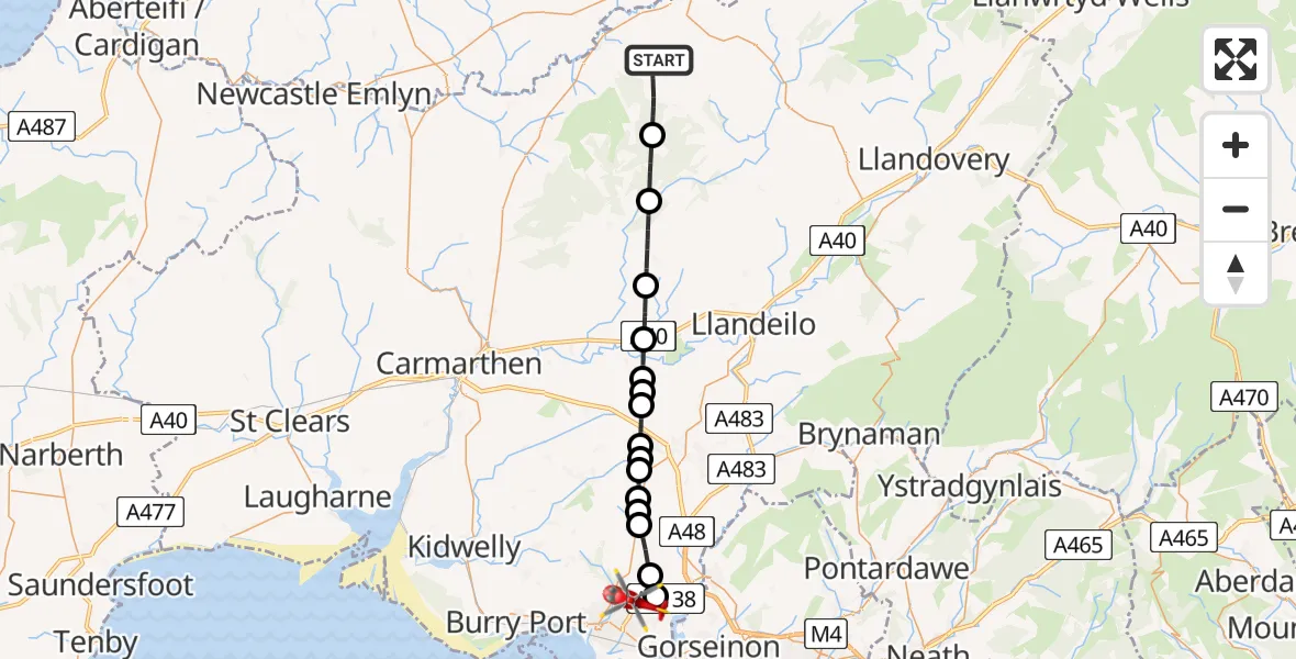 Flight route Air Ambulance Helicopter Llanybydder - Dafen, 26 July 2026, 16:37