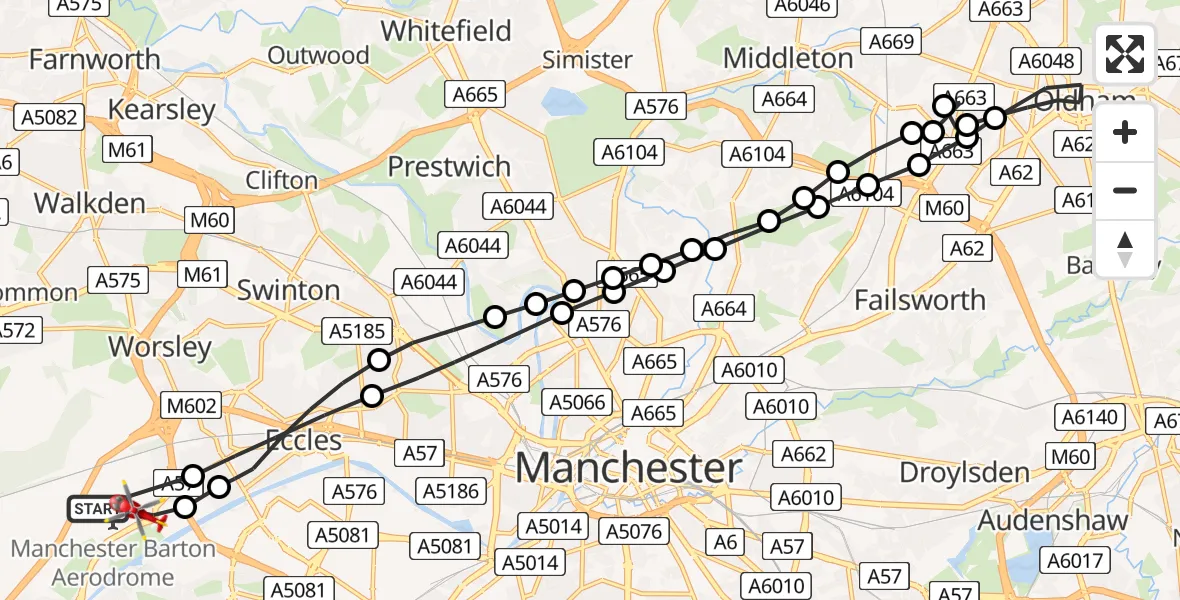 Flight route Air Ambulance Helicopter Manchester Barton Aerodrome - Manchester Barton Aerodrome, 26 July 2026, 16:42