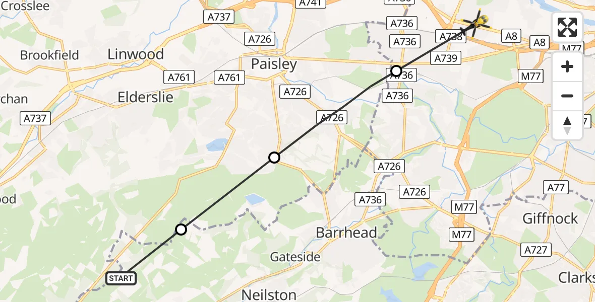 Flight route Police Helicopter East Renfrewshire - Glasgow, 26 July 2026, 16:43