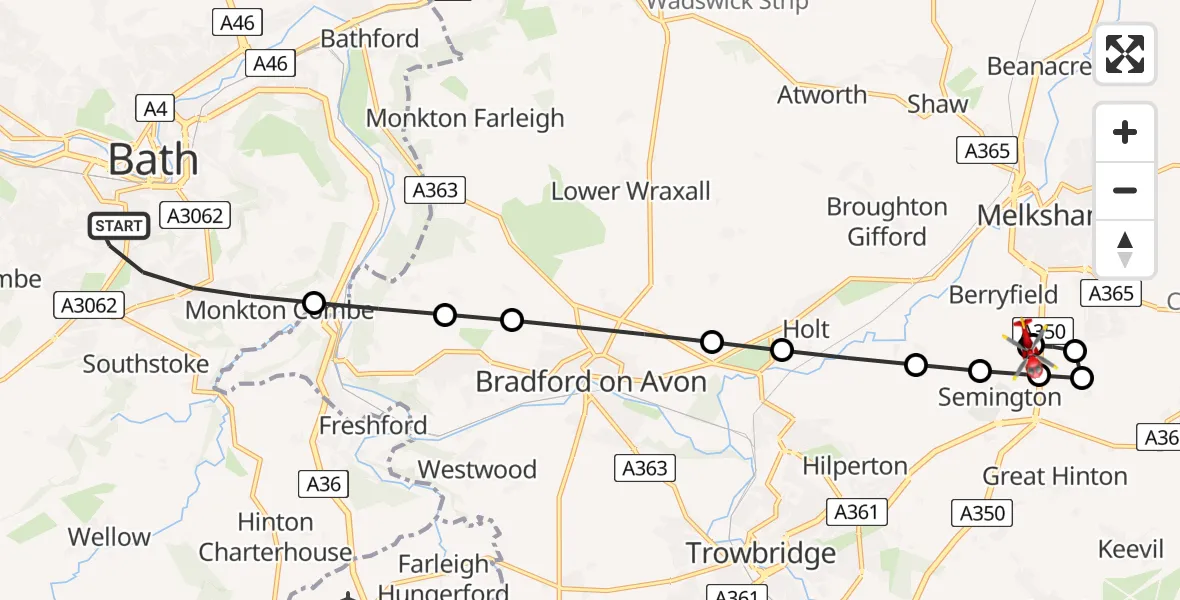 Flight route Air Ambulance Helicopter Bath - Wiltshire Air Ambulance, 26 July 2026, 16:49