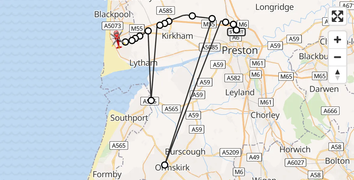 Flight route Air Ambulance Helicopter Royal Preston - Blackpool Airport, 26 July 2026, 16:49